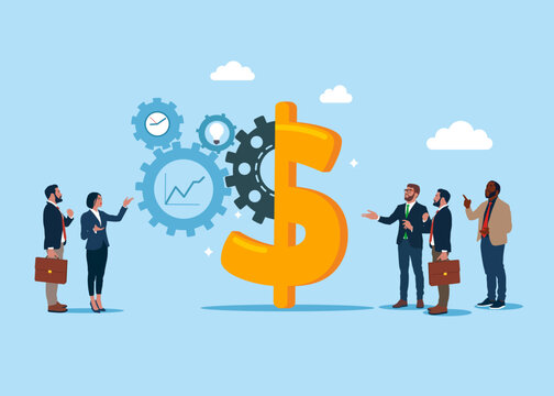 Business team and sign dollar.  Money with cog gear production. Optimize cost and expense for better profit strategy. Flat vector illustration
