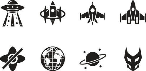 Fototapeta premium Space icons set including UFO, rockets, planets and atom symbol on white background