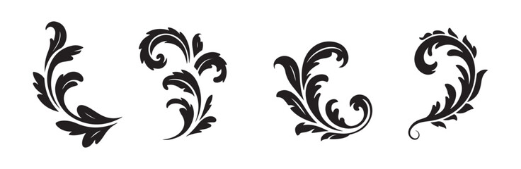 Black silhouette vintage floral ornament set for decorative design and elegant border motif © MST