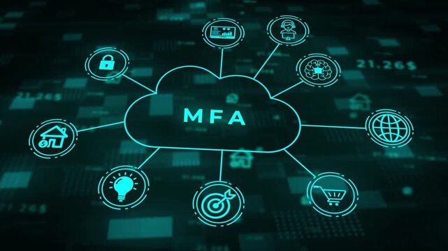 Cyan cloud computing diagram with MF initials and connected for data analytics human resources and communication on a dark teal digital grid background with glowing numbers and symbols