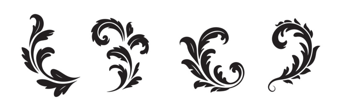 Black silhouette vintage floral ornament set for decorative design and elegant border motif