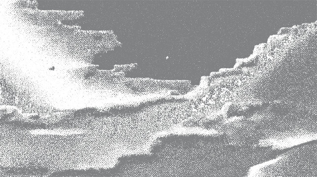 Abstract stippled landscape with grey sky and white textured clouds pattern