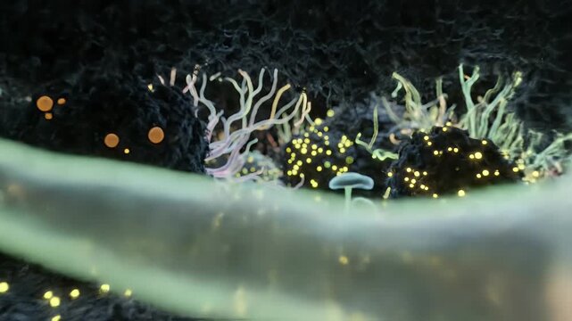 Soil Biodiversity Microscopic World Visualized With Glowing Microbes Fungi And Organic Structures In Dark Earth Texture