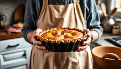 Woman in apron holding a freshly baked pie in her hands