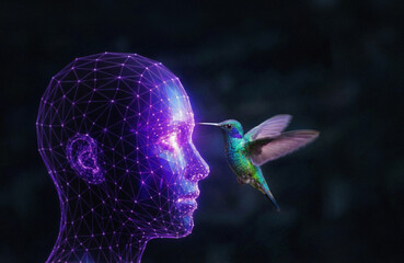 Hummingbird approaching glowing AI hologram