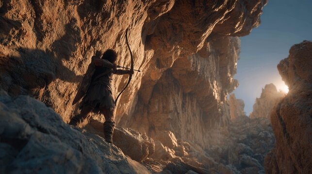 david preparing to throw stone with sling, giant goliath looming in background, golden sunset light, photorealistic biblical scene, dramatic and cinematic composition