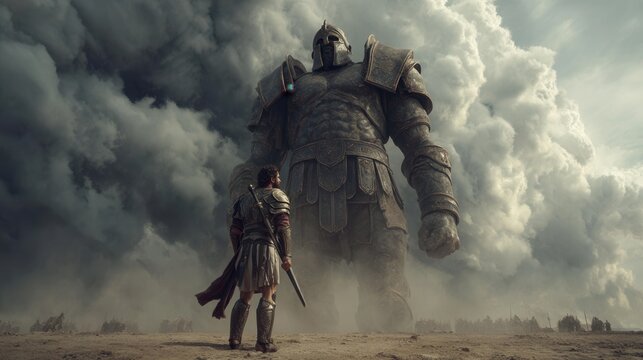 david preparing to throw stone with sling, giant goliath looming in background, golden sunset light, photorealistic biblical scene, dramatic and cinematic composition