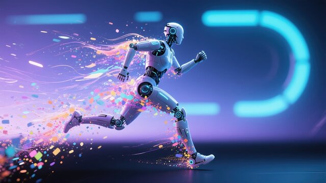 Robotic humanoid in motion with vibrant energy particles and futuristic background