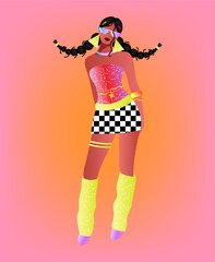 Illustration of a fashionable girl on a pink and orange background.
