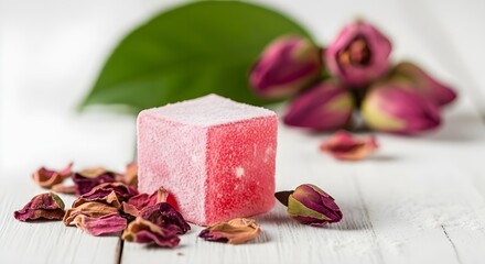 Single pink Turkish delight cube dusted with sugar, surrounded by dried rose petals and buds on a white wooden surface. Soft floral dessert.