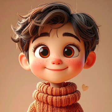 Smiling cartoon boy with brown hair.