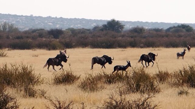 Black wildebeest share open savanna grass with blesbok antelope, Africa
