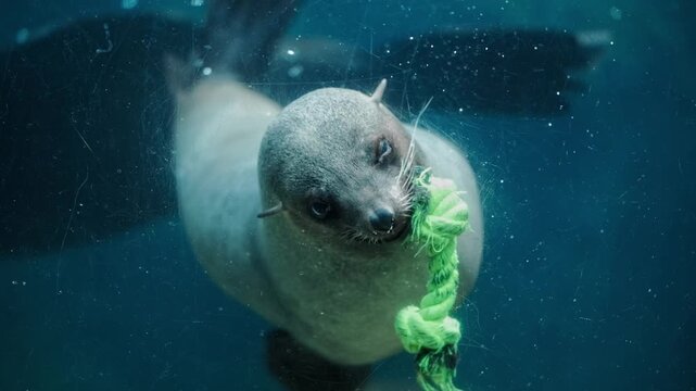 A playful seal chews on a toy rope and spins around under the water in a playful manner in captivity in a zoo