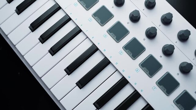Rotating close-up of a white MIDI keyboard controller with piano keys, pads and knobs on a dark desk. Modern home studio music production gear with copy space.