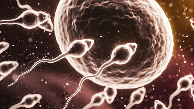 Sperm Cells Approaching Fertilization of a Large Egg Cell Microscopic View Realistic 3D Animation Medical Biological Concept