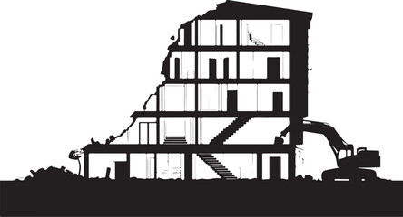 Obraz premium Black silhouette of a partially demolished building with an excavator