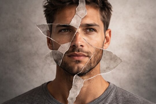 Innere Zerrissenheit eines Mannes &ndash; symbolisches Portr&auml;t mit zerrissenen Fragmenten