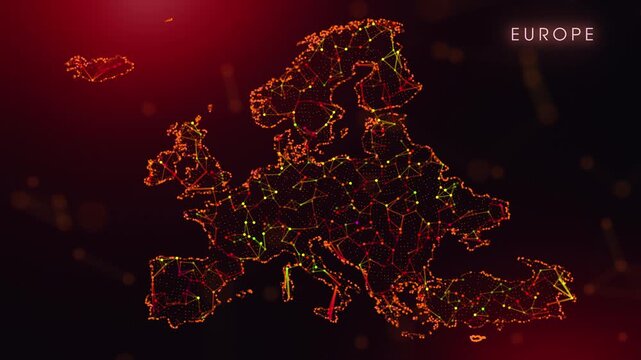 A dynamic motion video showcasing the Europe Continent border through a colorful plexus reveal. Glowing red and orange dots represent high-tech data communication and global digital networks.