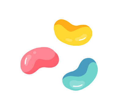 Colourful jelly beans. Gummy candies for kids. Tasty gelatin sweets. Fruit marmalade. Chewing confectionery, soft gum treat, funny dessert. Flat isolated vector illustration on white background