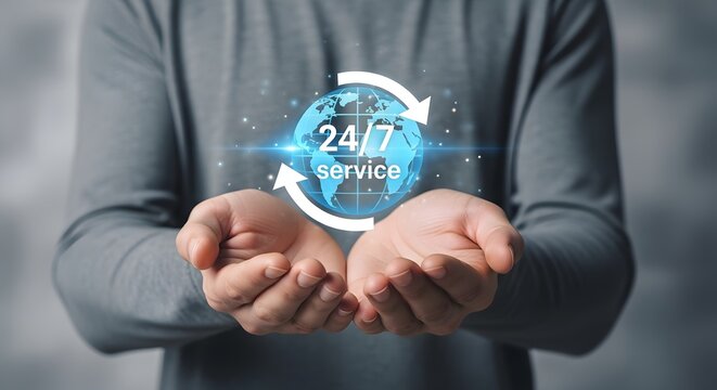 24/7 service global support concept with hands holding earth globe
