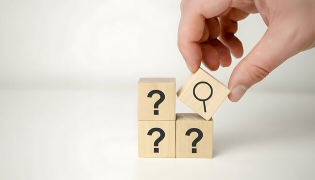 Hand placing wooden block with magnifying glass icon above question mark cubes, concept of search, inquiry and problem solving featuring questions, answers, investigation with research and analysis