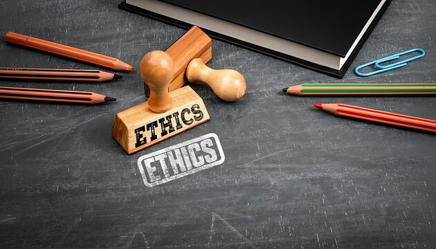 Ethics rubber stamp on chalkboard with school supplies and notebook, concept of moral education and integrity featuring ethical, morality, values with principles and compliance elements for code of
