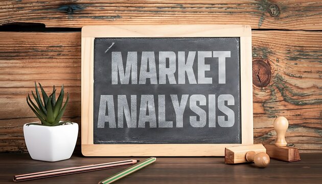 Market analysis text on chalkboard with rustic wood background, pencils, rubber stamps and small plant for business strategy concept featuring marketing, research, analytics with data and financial