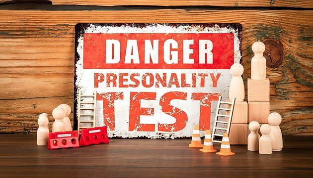 Danger personality test sign with wooden peg people, ladders and safety cones on rustic background, concept of warning and psychology featuring caution, risk, hazard with mental health and assessment