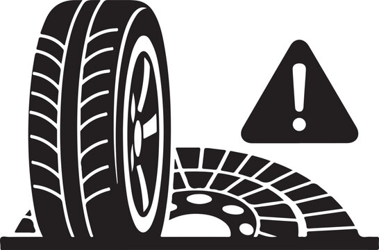 Automotive tire maintenance icon showing car wheel with tread pattern and exclamation warning sign representing low pressure or puncture repair