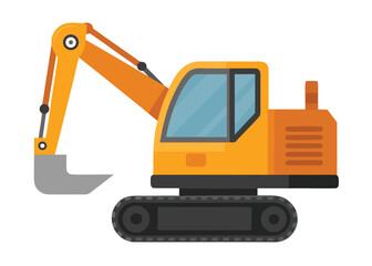 Naklejka premium Detailed side view of an orange hydraulic excavator with a gray bucket on tracks and a blue cab window.