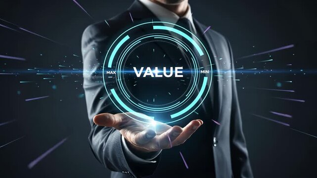 A hand supporting a glowing circular value interface with data symbols, productivity and efficiency