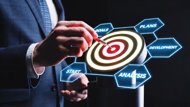 Businessman throwing dart at holographic target, symbolizing strategic planning, goal setting, and successful action for business growth and achievement