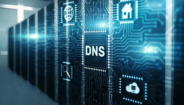 DNS server infrastructure in data center with glowing circuit network overlay, illustrating domain name system and cybersecurity featuring servers, datacenter, rack with networking and internet