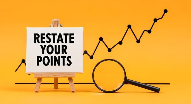 Restate your points sign on easel with magnifying glass and rising chart, concept of clarity, review, and business growth featuring communication, summarize, paraphrase with explanation and