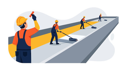 Fototapeta premium Construction workers painting road lines with rollers and brushes.