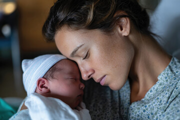 This moment of bonding shows a mother lovingly cradling her newborn, with both resting their heads together in a soft, peaceful embrace, captured beautifully.