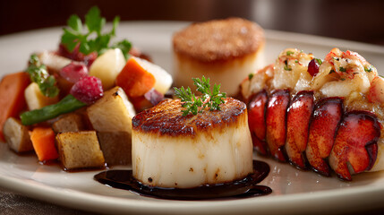 Delicious seafood and vegetable platter with savory seasoning and garnish