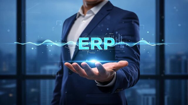A hand presenting a glowing erp hologram with data waves showing system integration, productivity and efficiency