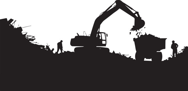 Black silhouette of excavator loading debris into truck