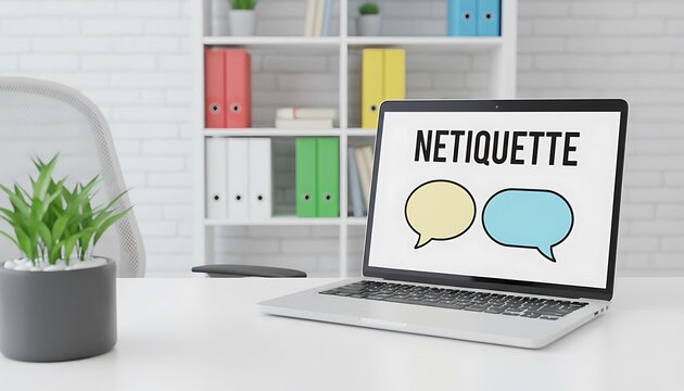 Laptop displaying netiquette concept with speech bubbles on office desk, digital communication etiquette and online behavior training featuring professional conduct, remote work, hybrid work with