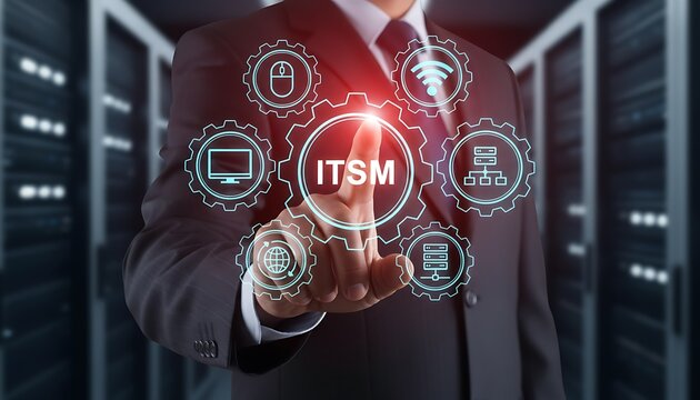 ITSM concept interface in data center as businessman touches virtual service management icons for IT operations and support featuring help desk, CMDB, ticketing system with workflow and automation