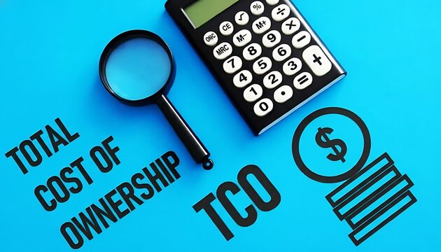 Calculator and magnifying glass on blue background with Total Cost of Ownership TCO text and dollar icon for finance analysis featuring financial, budgeting, budget planning with accounting and audit