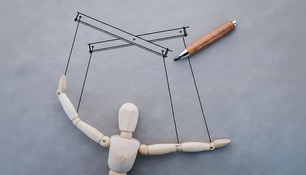 Marionette puppet concept with wooden mannequin controlled by sketched strings and pen on grey background, manipulation metaphor featuring puppetry, control, influence with coercion and power