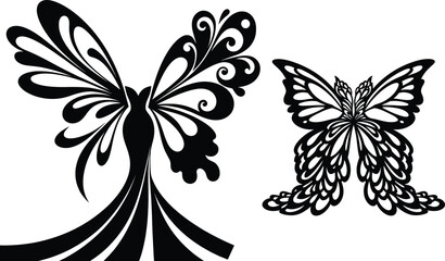 Fototapeta premium Elegant butterfly wing dress silhouette and decorative floral insect pattern isolated on white background art.