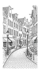 Fototapeta premium Romantic European Old Town Alley with Cobblestone Street, Vintage Bicycles and Cozy Café Terraces at Golden Hour