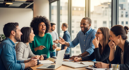 Diverse Business Team Laughing and Collaborating in Modern Office Meeting