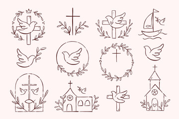 Christian decorative clipart set for First Communion and Baptism designs. Twelve isolated items. Hand-drawn ink effect illustration. Line art design. Doodle vector.