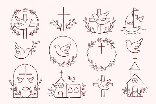 Christian decorative clipart set for First Communion and Baptism designs. Twelve isolated items. Hand-drawn ink effect illustration. Line art design. Doodle vector.