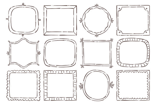 Decorative frames ink effect hand-draw. Twelve different designs with rounded, square, and oval shapes. Doodle isolated items. Vector illustration.