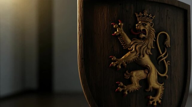 Golden crowned lion heraldic emblem on rustic wooden shield. Medieval knightry and coat of arms symbolism concept.
